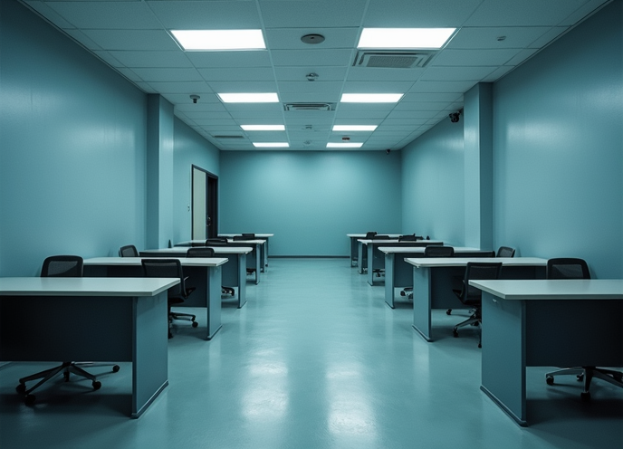 A cold, fluorescent office with empty desks – institutional, clinical, no one home