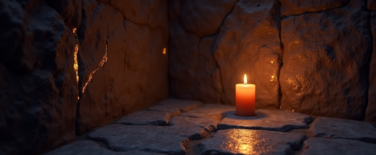 A candle burning in a stone nook – warmth in a place built to hold it