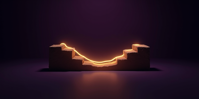 Two terraced stone forms joined by a golden thread – the Ayni mark made three-dimensional