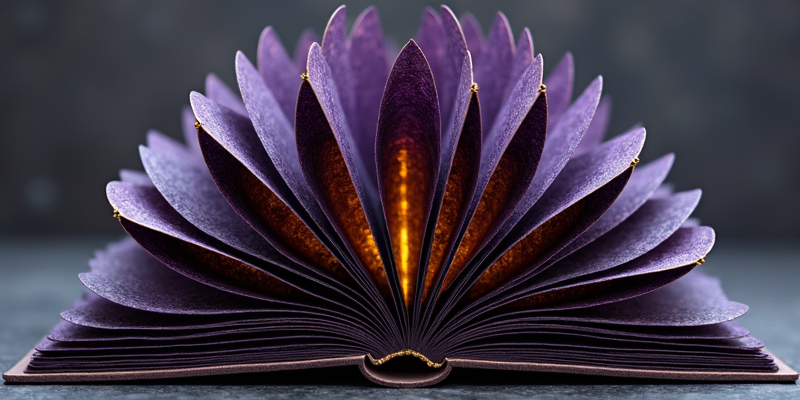 A book fanned into an orchid bloom with a glowing gold core – unwrapping as flowering